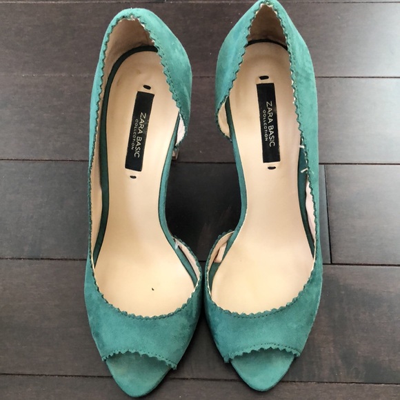 Zara Suede Green Peep Toe Heels - Picture 2 of 8